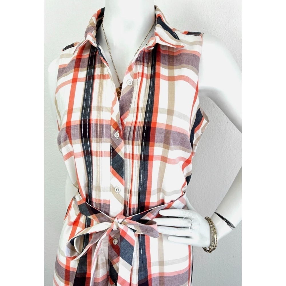 Tommy Hilfiger Plaid Shirt Dress Size Medium Plaid Cotton Linen Sleeveless Belt - Picture 3 of 9